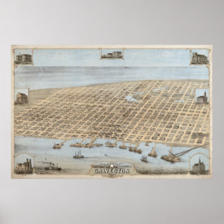1871 Galveston, TX Birds Eye Panoramablick Karte Poster
