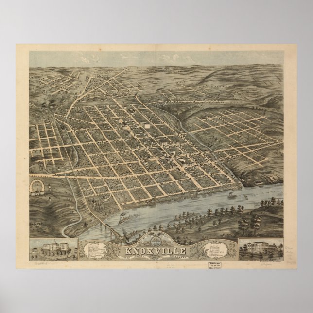 1871 Knoxville, TN Birds Augen Panoramablick Karte Poster (Vorne)