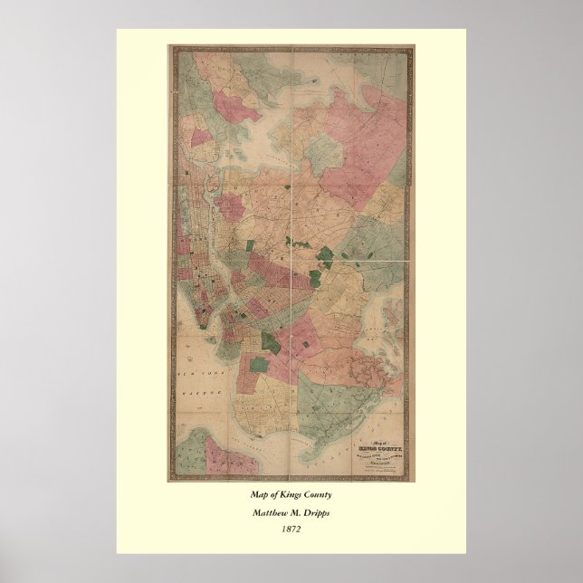 1872 Brooklyn Map - New York City, Queens Poster (Vorne)