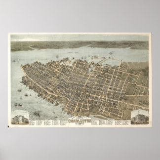 1872 Charleston, SC Birds Eye Panoramablick Karte Poster
