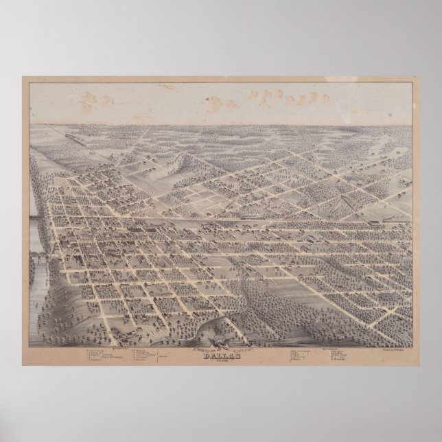 1872 Dallas, TX Birds Augen Panoramablick Karte Poster (Vorne)