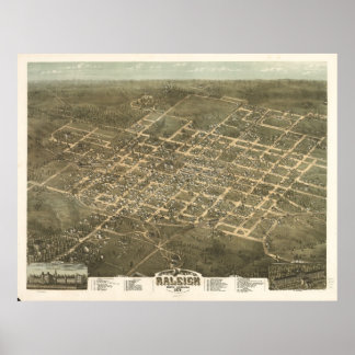 1872 Raleigh, NC Birds Eye Panoramablick Karte Poster