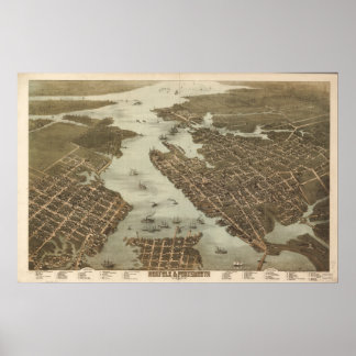1873 Norfolk Portsmouth VA BirdsAuge Panoramakarte Poster