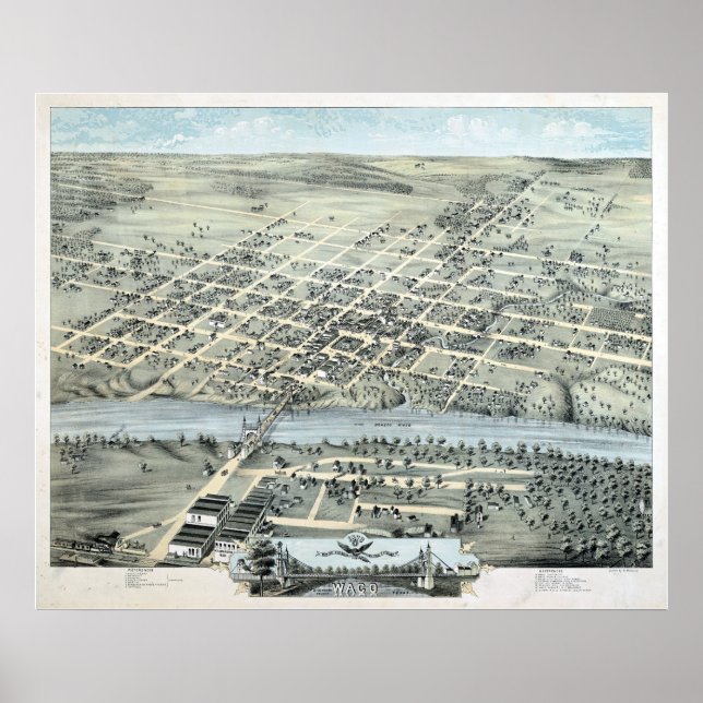 1873 Waco, TX Birds Eye Panoramablick Karte Poster (Vorne)