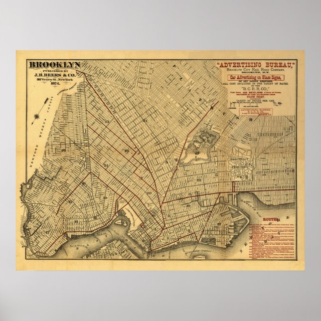 1874 Brooklyn Rail Map Poster (Vorne)