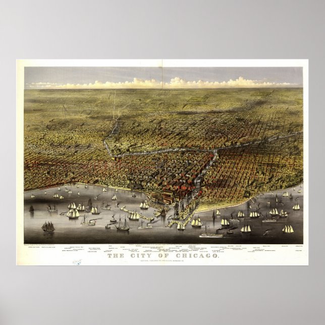 1874 Chicago, IL Birds Eye Panoramablick Karte Poster (Vorne)