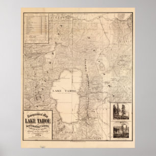1874 Karte des Lake Tahoe Area California & Nevada Poster