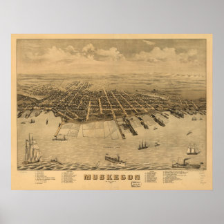 1874 Muskegon, MI Birds Eye Panoramablick Karte Poster