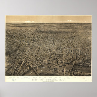 1874 Newark, NJ Birds Eye Panoramablick Karte Poster