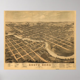 1874 South Bend, IN Birds Eye Panoramablick Karte Poster