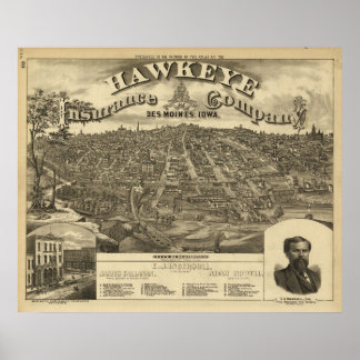 1875 Des Moines, IA Birds Eye Panoramablick Karte Poster