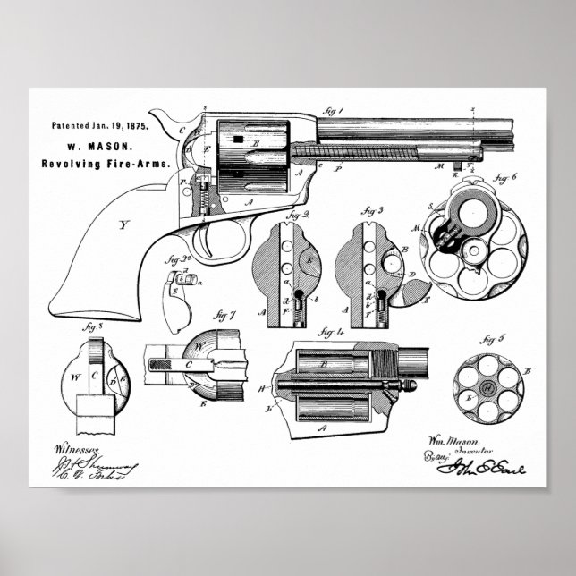 1875 Gun Revolver Patent Art Zeichnend Print Poster (Vorne)