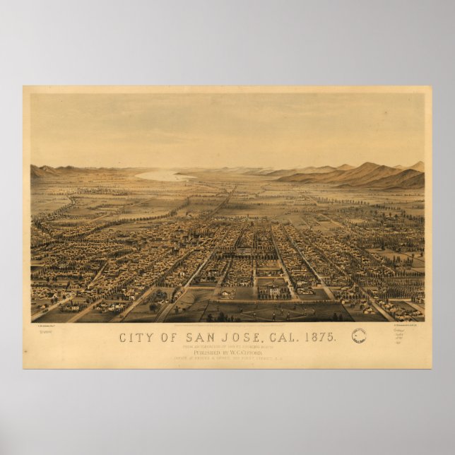 1875 San José, CA Birds Eye Panoramablick Karte Poster (Vorne)