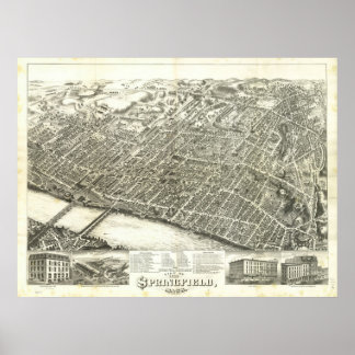 1875 Springfield, MA Birds Eye Panoramablick Karte Poster