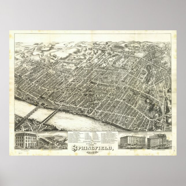 1875 Springfield, MA Birds Eye Panoramablick Karte Poster (Vorne)