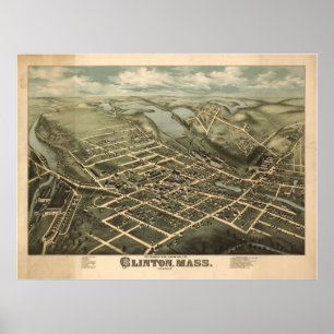 1876 Clinton, MA Birds Eye Panorama Karte Poster