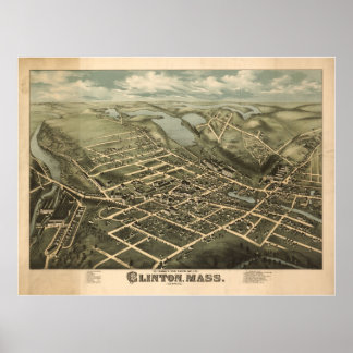 1876 Clinton, MA Birds Eye Panorama Karte Poster