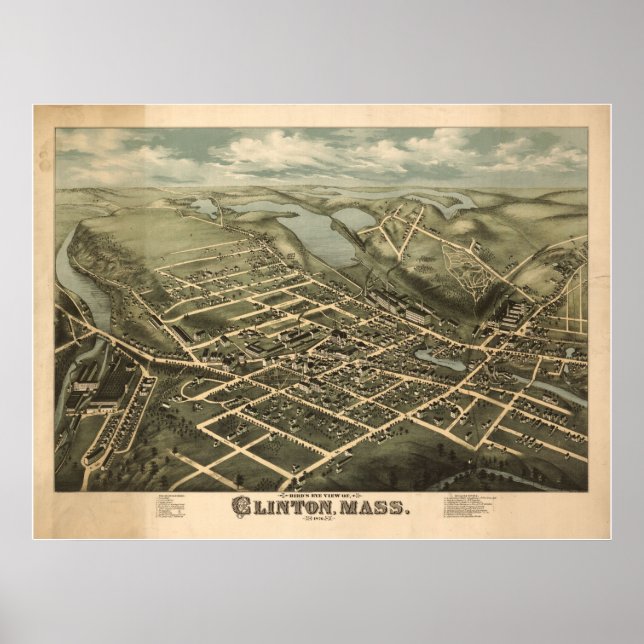 1876 Clinton, MA Birds Eye Panorama Karte Poster (Vorne)