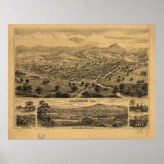 1876 Healdsburg Sonoma CA Birds Eye Panoramakarte Poster