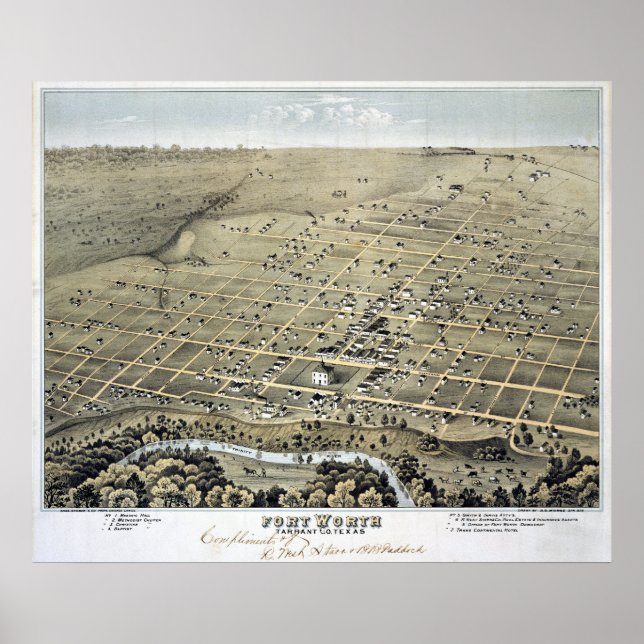 1876 Karte von Fort Worth, TX Birds Eye View Poster (Vorne)