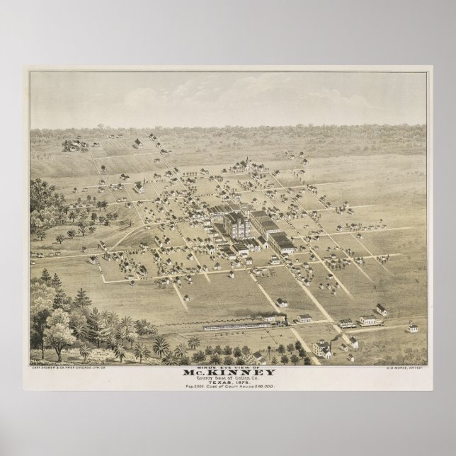 1876 McKinney, TX Bird's Eye View Panorama Karte Poster (Vorne)