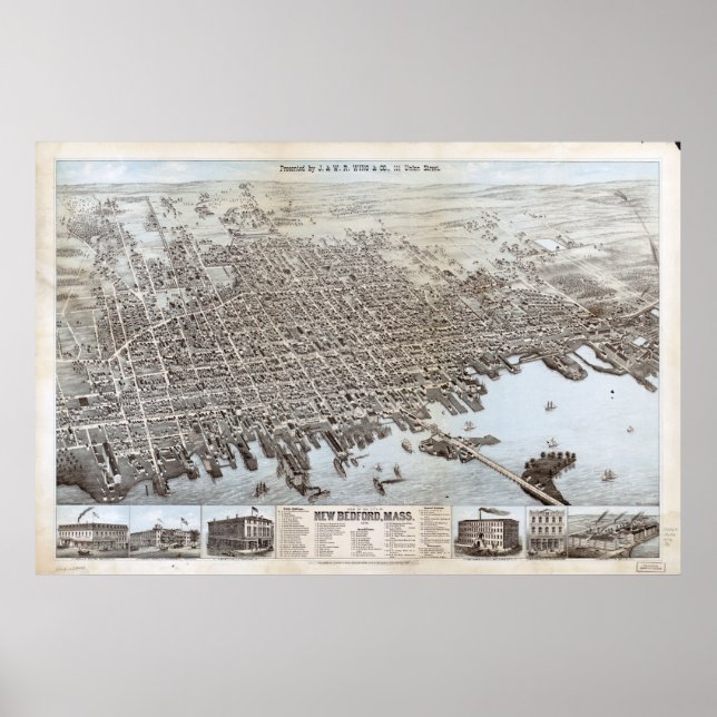 1876 New Bedford, MA Birds Eye Panoramablick Karte Poster (Vorne)