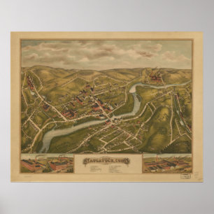 1877 Naugatuck CT Birds Eye Panoramablick Karte Poster