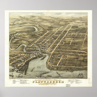 1877 Plattsburgh, New Birds Eye Panoramablick Kart Poster