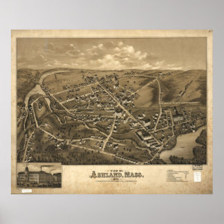 1878 Ashland, MA Birds Eye Panoramablick Karte Poster
