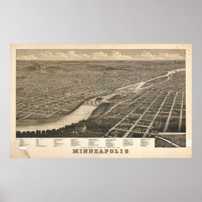 1879 Minneapolis, MN Birds Eye Panoramablick Karte Poster (Vorne)