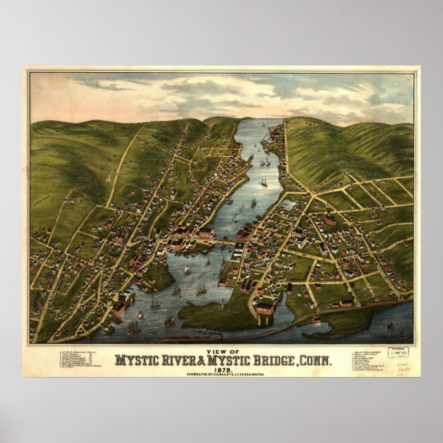 1879 Mystic River & Bridge CT Panoramablick Poster (Vorne)
