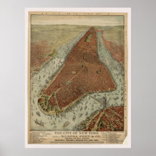 1879 New York City NY Birds Eye Panoramablick Kart Poster