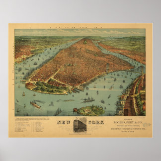 1879 New York City NY Birds Eye Panoramablick Kart Poster