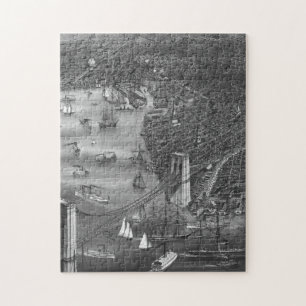 1879 Vintage-Brooklyn-Kartenpuzzle in Schwarz-Weiß Puzzle