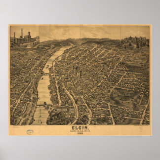 1880 Elgin, IL Birds Eye Panoramablick Karte Poster