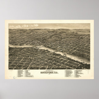 1880 Rockford, IL Birds Eye Panoramablick Karte Poster