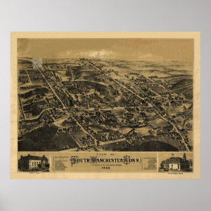 1880 South Manchester CT Birds Eye Panorama Karte Poster