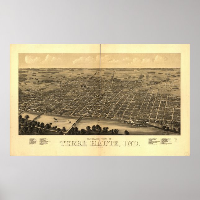 1880 Terre Haute, IN Birds Eye Panoramablick Karte Poster (Vorne)