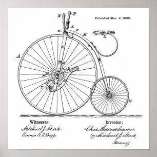 1880 Vintage High Wheeler Fahrrad Patent Kunst Dru Poster