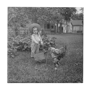 1880er Jahre Adorable Girl and Rooster Cart im Gar Fliese