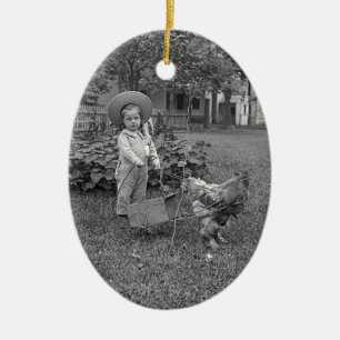 1880er Jahre Adorable Girl and Rooster Cart im Gar Keramikornament
