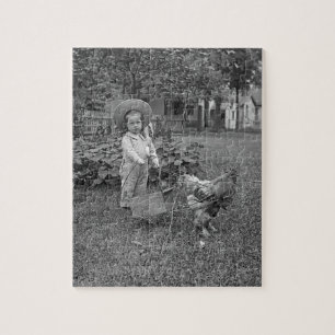 1880er Jahre Adorable Girl and Rooster Cart im Gar Puzzle