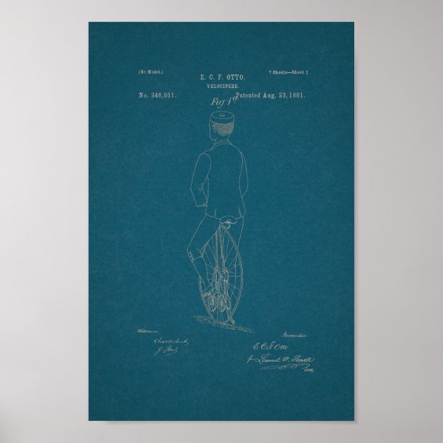 1881 Vintages Fahrrad Velocipede Patentschrift Poster (Vorne)