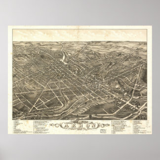 1882 Akron, OH Vögel Augen Panoramablick Karte Poster
