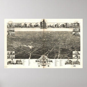1882 Brockton, MA Birds Eye Panoramablick Karte Poster
