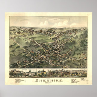 1882 Cheshire CT Birds Eye Panoramablick Karte Poster