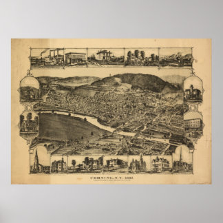 1882 Corning, New Birds Eye Panoramablick Karte Poster