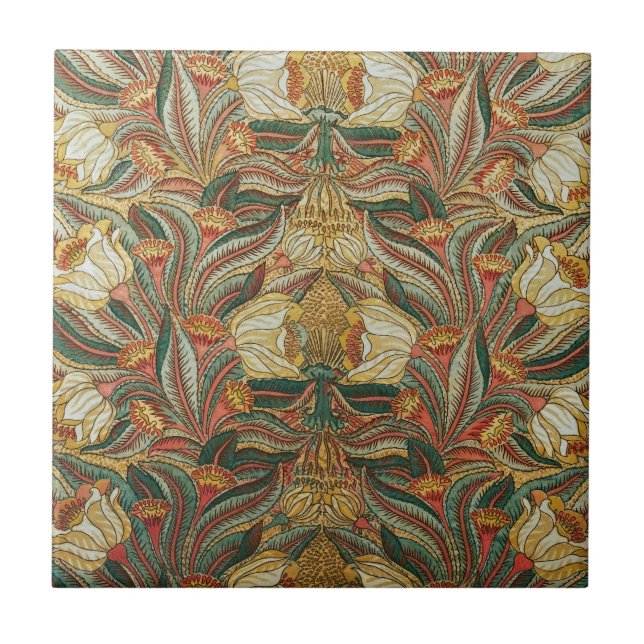 1882 Vintag große Blume & Blätter Golden Green Fliese (Vorderseite)