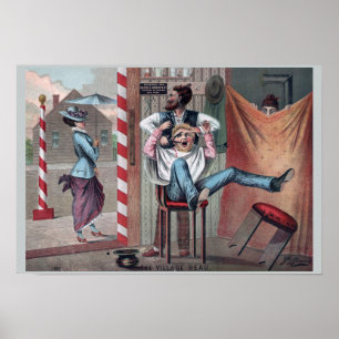 1882 Vintager Barbershop-Spaß: Das Dorfbeau Poster
