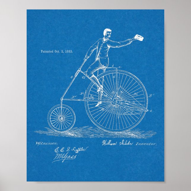 1883 Entwurf eines Patents für Fahrräder mit hohem Poster (Vorne)